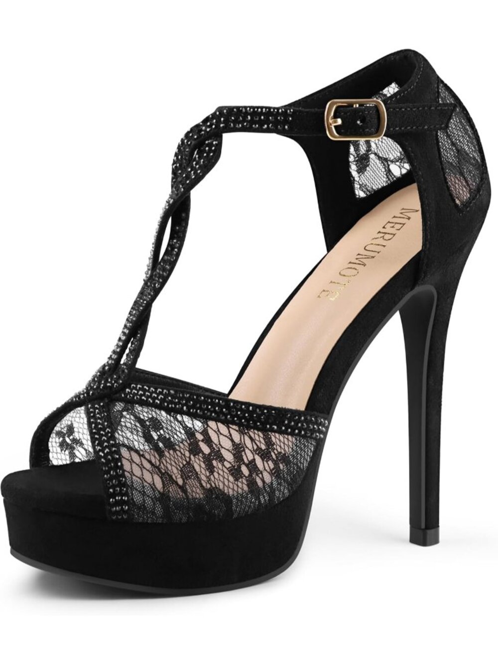 Women's Black Suede Peep Toe Platform Stilettos Sparkly Rhinestone Lace Heels